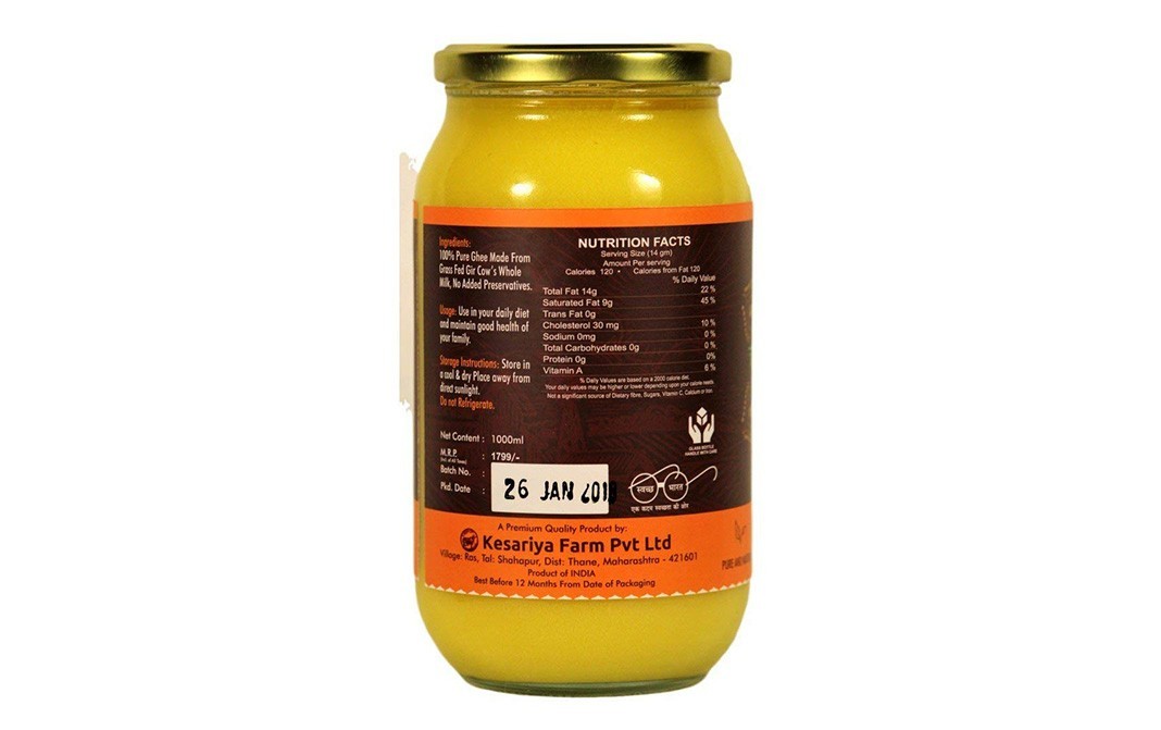 Vedic Ghee Pure Grass Fed Gir Cow's A2 Ghee   Glass Jar  1000 millilitre